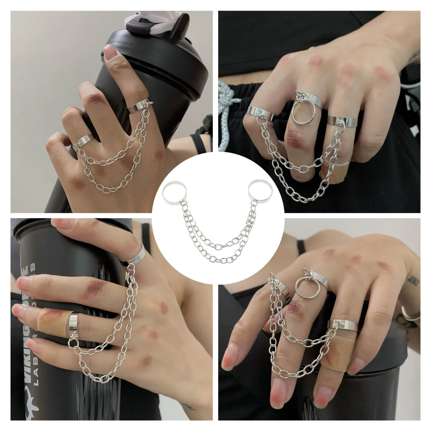 2pcs Gothic Double Chain Finger Ring Adjustable Vintage Rings for Women Teens