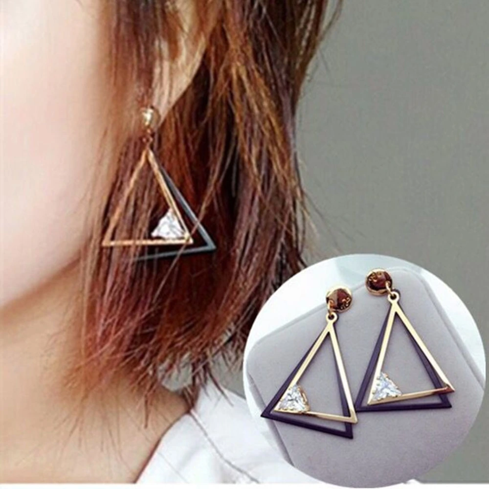 A Pair of Fashion Zircon Earrings Hollow Triangle Designed Eardrop Ear Stud Women Dangler (Golden)