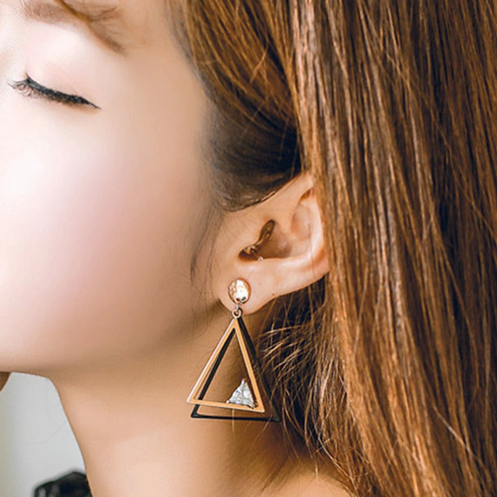 A Pair of Fashion Zircon Earrings Hollow Triangle Designed Eardrop Ear Stud Women Dangler (Golden)