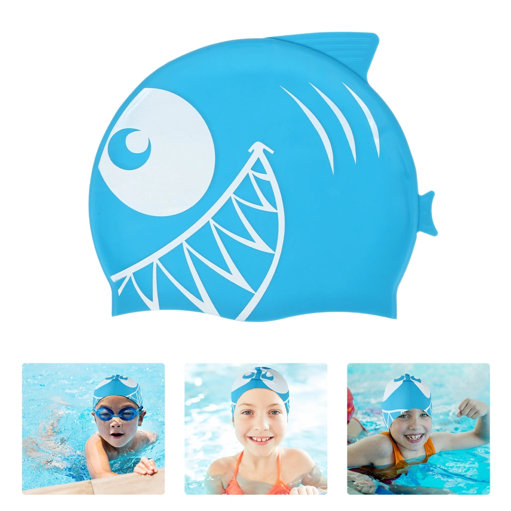 Kid Children's Elastic Silicone Fish Shaped Swimming Cartoon Shark Shaped Waterproof Swimming Hat (Shark, Sky-blue)