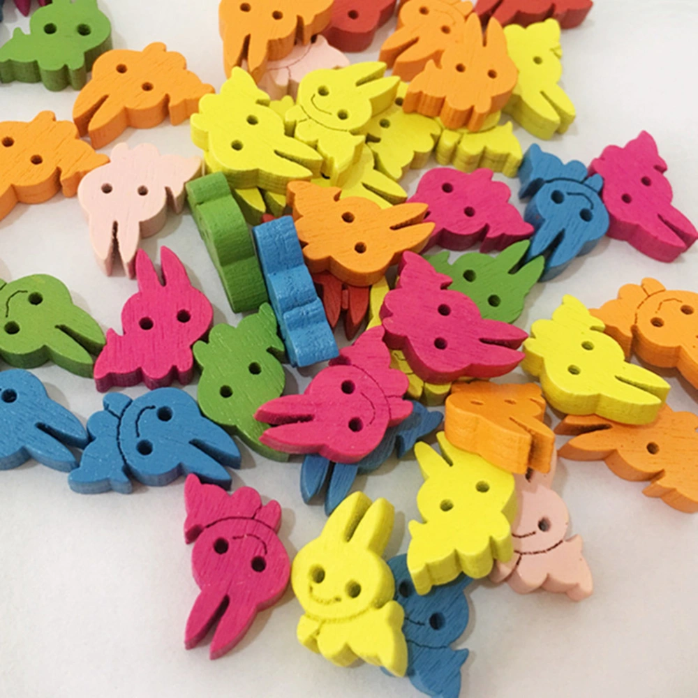 100pcs Rabbit Buttons Colorful Two Holes Buttons Wooden Bunny Design DIY Handcraft Accessary for Easter Sewing Clothes Shoes