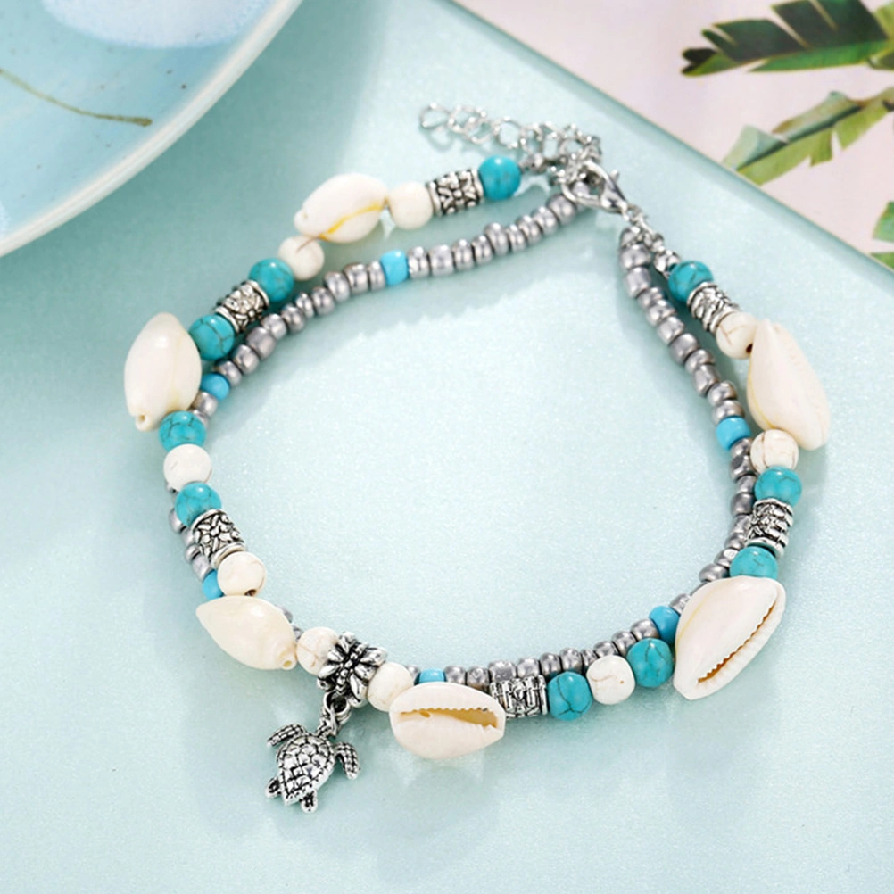 2pcs Hawaiian Shell Weaving Anklets Beaded Tortoise Beach Anklets Alloy Foot Hanging Chain Pendant Jewelry Decor