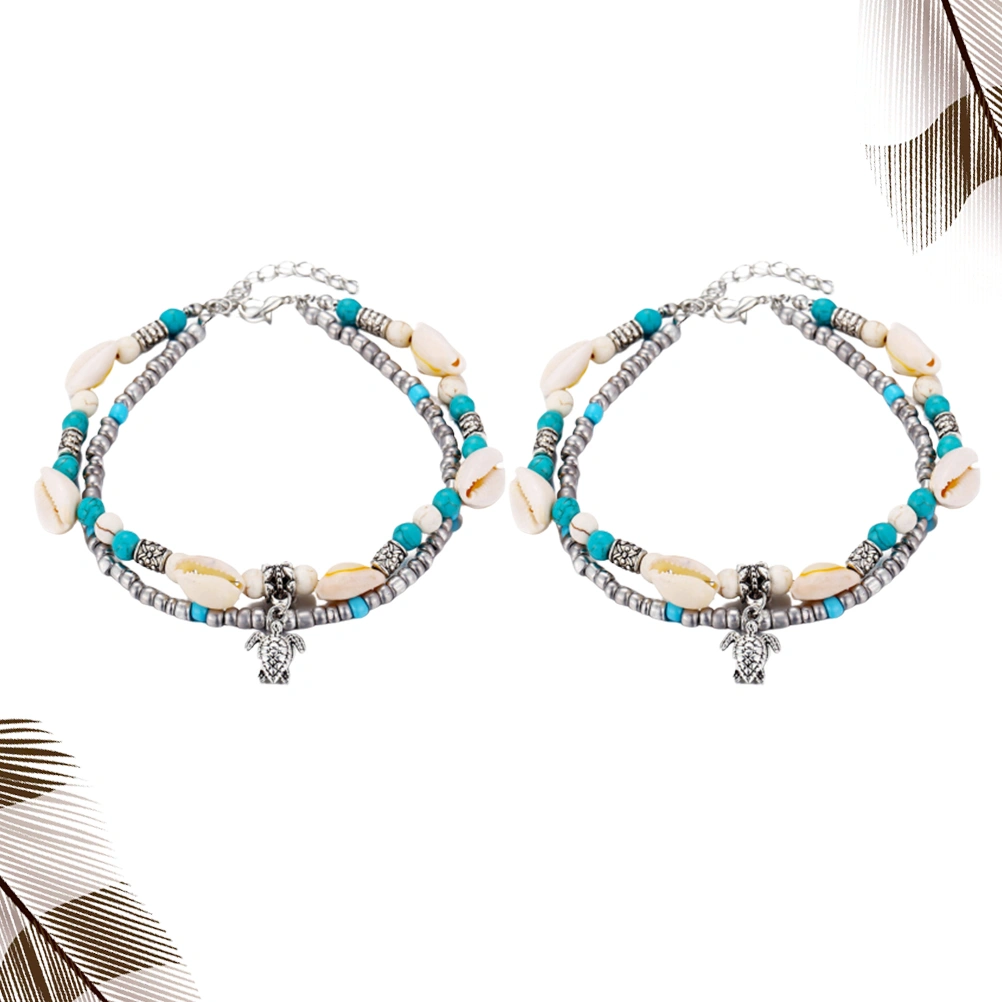2pcs Hawaiian Shell Weaving Anklets Beaded Tortoise Beach Anklets Alloy Foot Hanging Chain Pendant Jewelry Decor