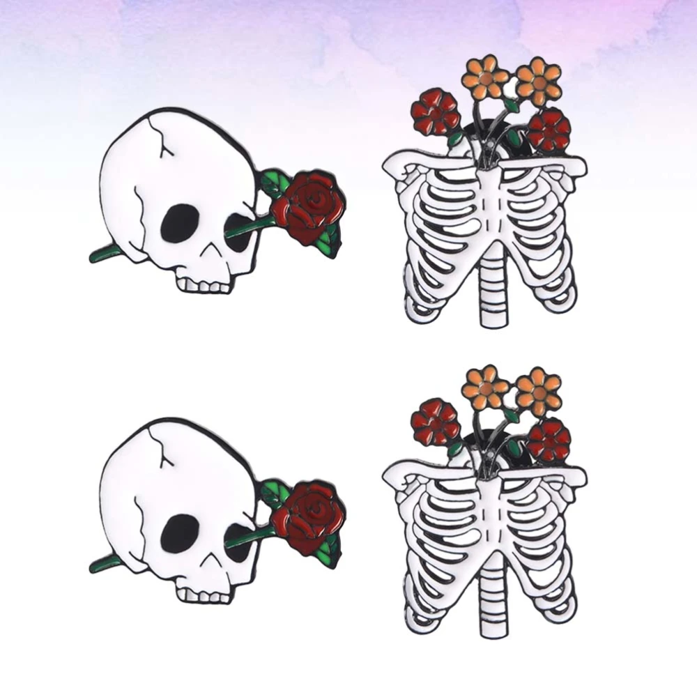 4PCS Skull Brooch Creative Rose Skull Head Brooch Delicate Rose Skull Head Badge Decor Personality Rose Skull Head Breastpin Novel Alloy Clothing Decor for Girl Man Decor