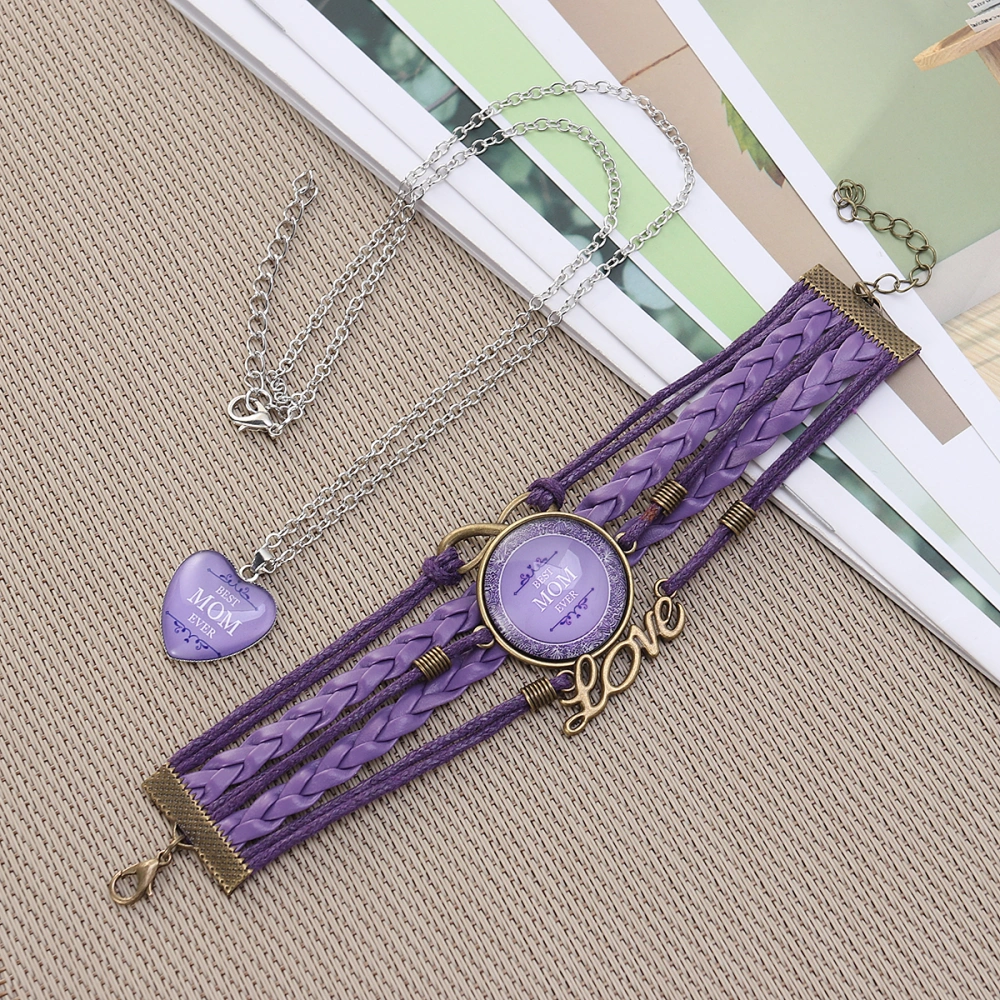 1 Set Love Heart Necklace and Weave Bracelet Alloy Long Chain Brace Lace for Mother's Day Gift (Purple)