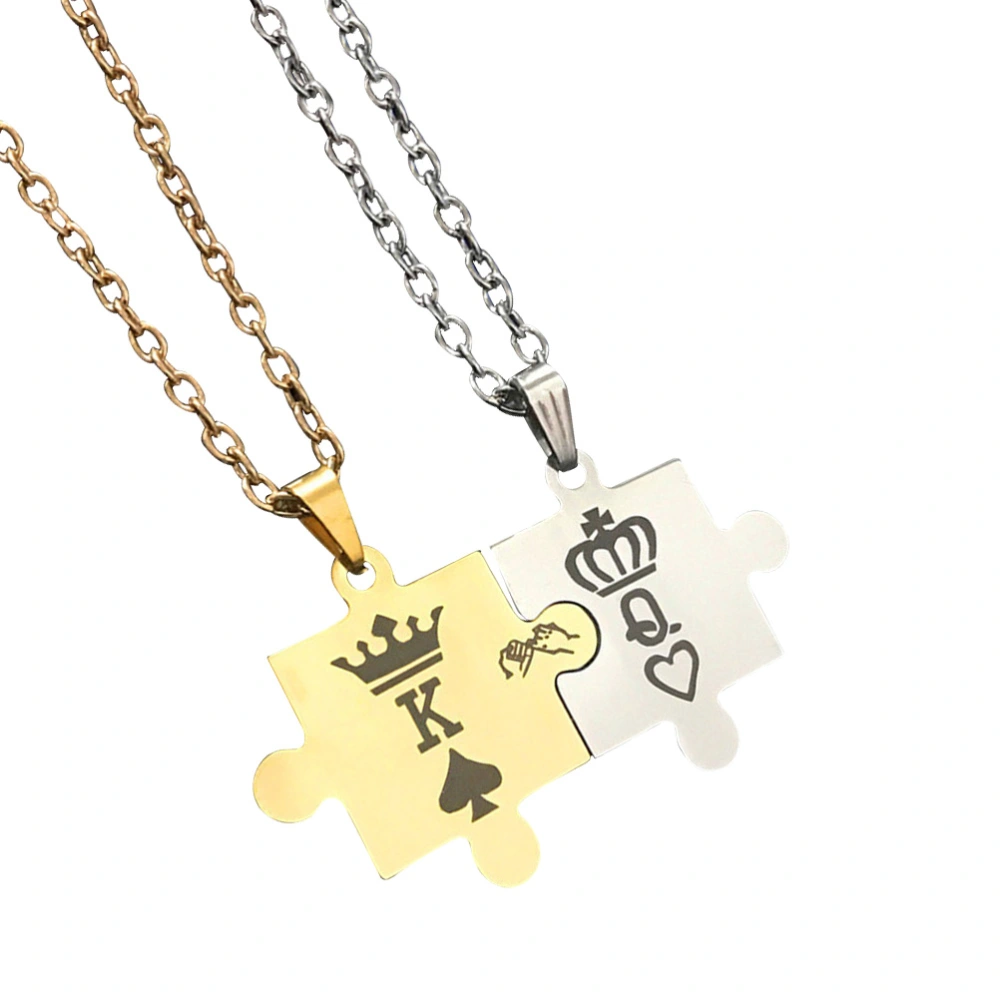 2pcs Creative Puzzle Shape Necklace Crown K and Q Printing Pendant Exquisite Couple Stainless Steel Necklace Jewelry Valentines Day Gift Ornaments (1pc K and 1pc Q)