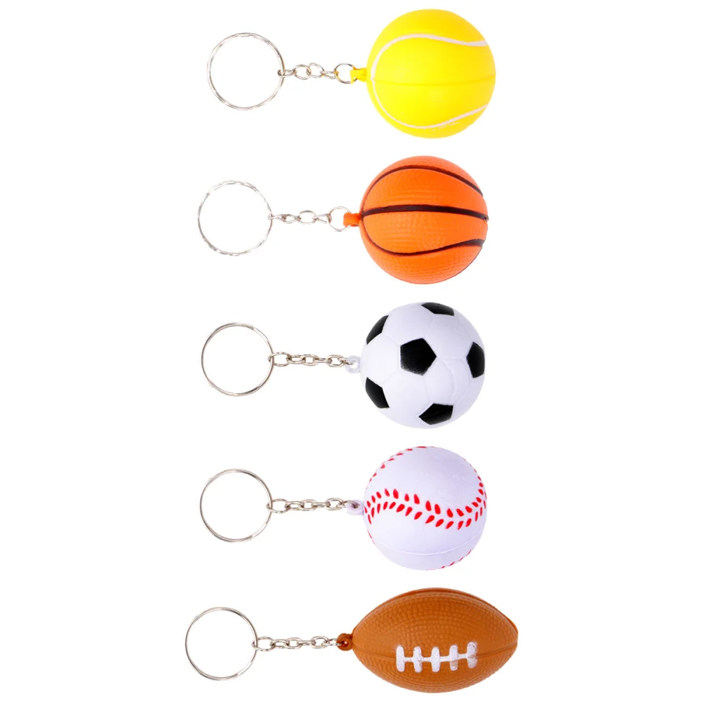 5pcs Ball Shape Keychains PU Ball Keyring Souvenirs Pendants Toys for Players Athletes Boys Teammates(Basketball + Football + Rugby + Baseball + Tennis)