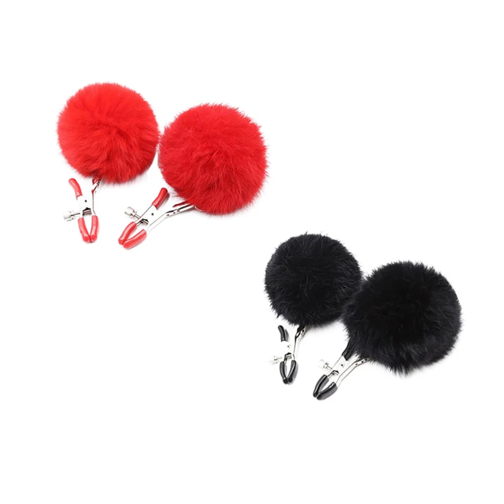 2 Pairs Breast Clamps Flirting Sexy Temptation Hairball Breast Clip for Women Female  (Black + Red)