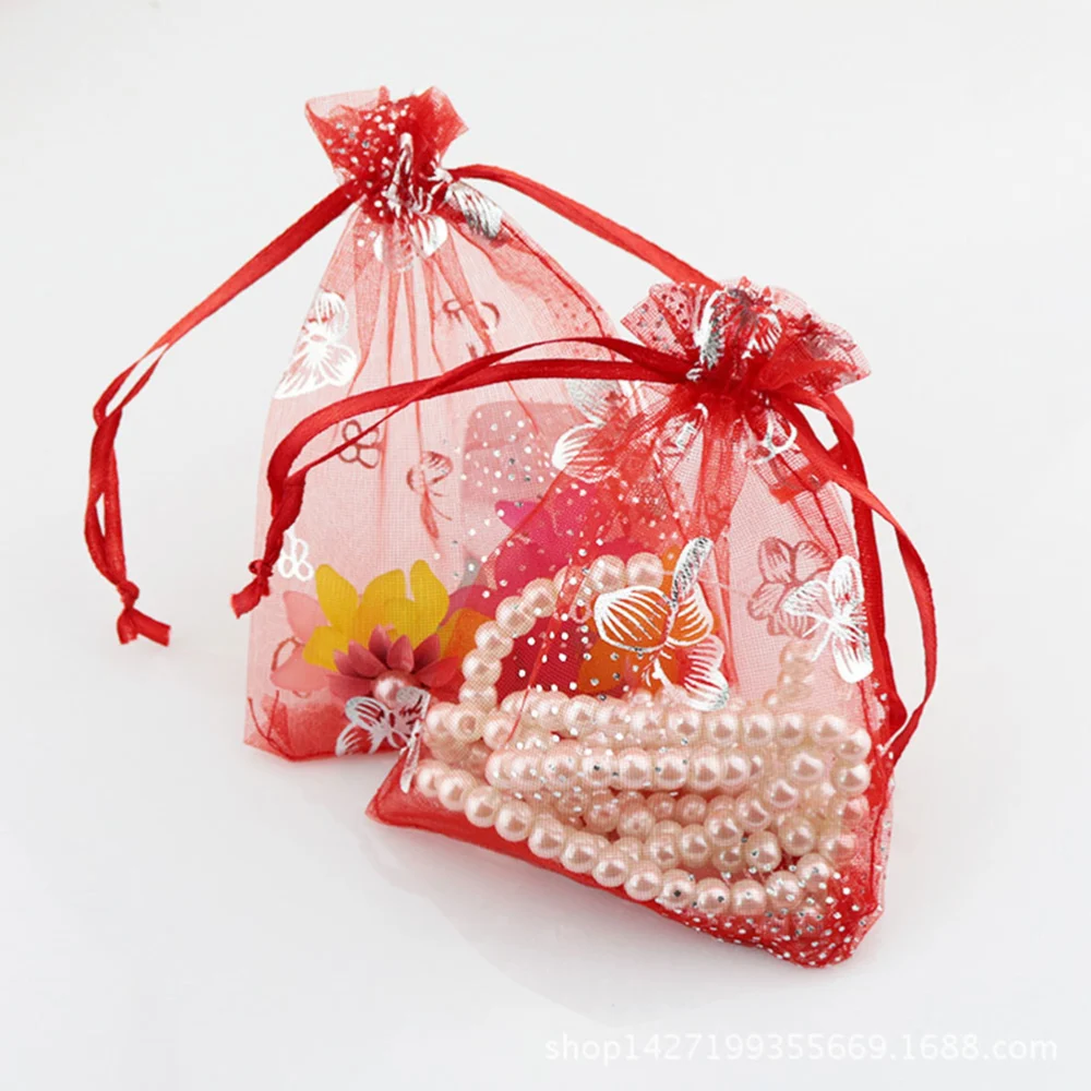 100pcs Portable Candy Bags Drawstring Gauze Bags Pattern Jewelry Packaging Bags Pouches Gift Bag (Mixed Color)