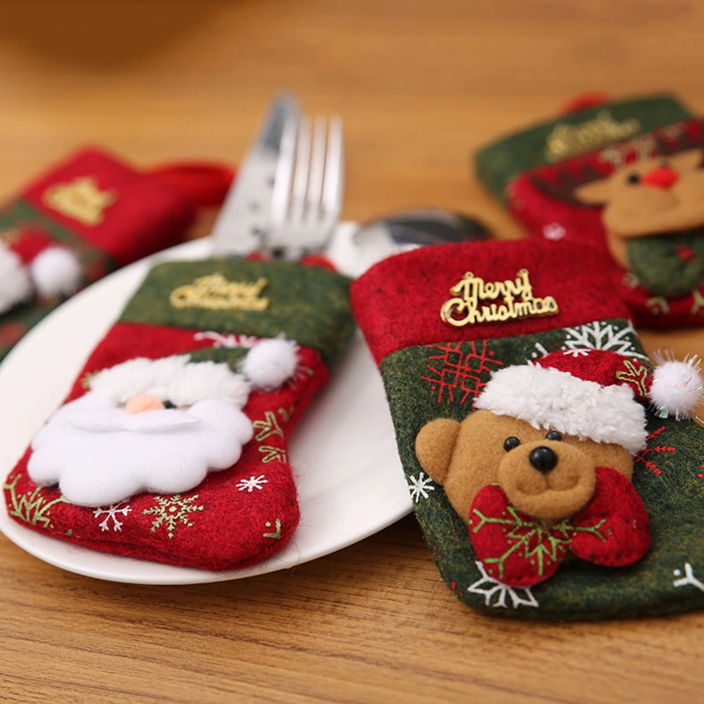 4pcs Christmas Cutlery Bags Fork Spoon Socks Tableware Silverware Holders Knitting Stockings (Santa+Elk+Snowman+Bear)