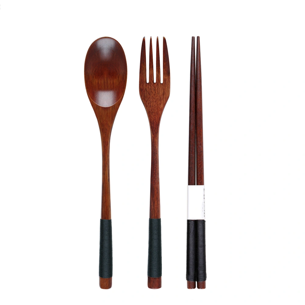 Wooden Fork Spoon Three-piece Suit Japanese Korea Style Travel Portable Tableware Nice Dinnerware(Black 3 Piece Set + Morning Glory Bag)