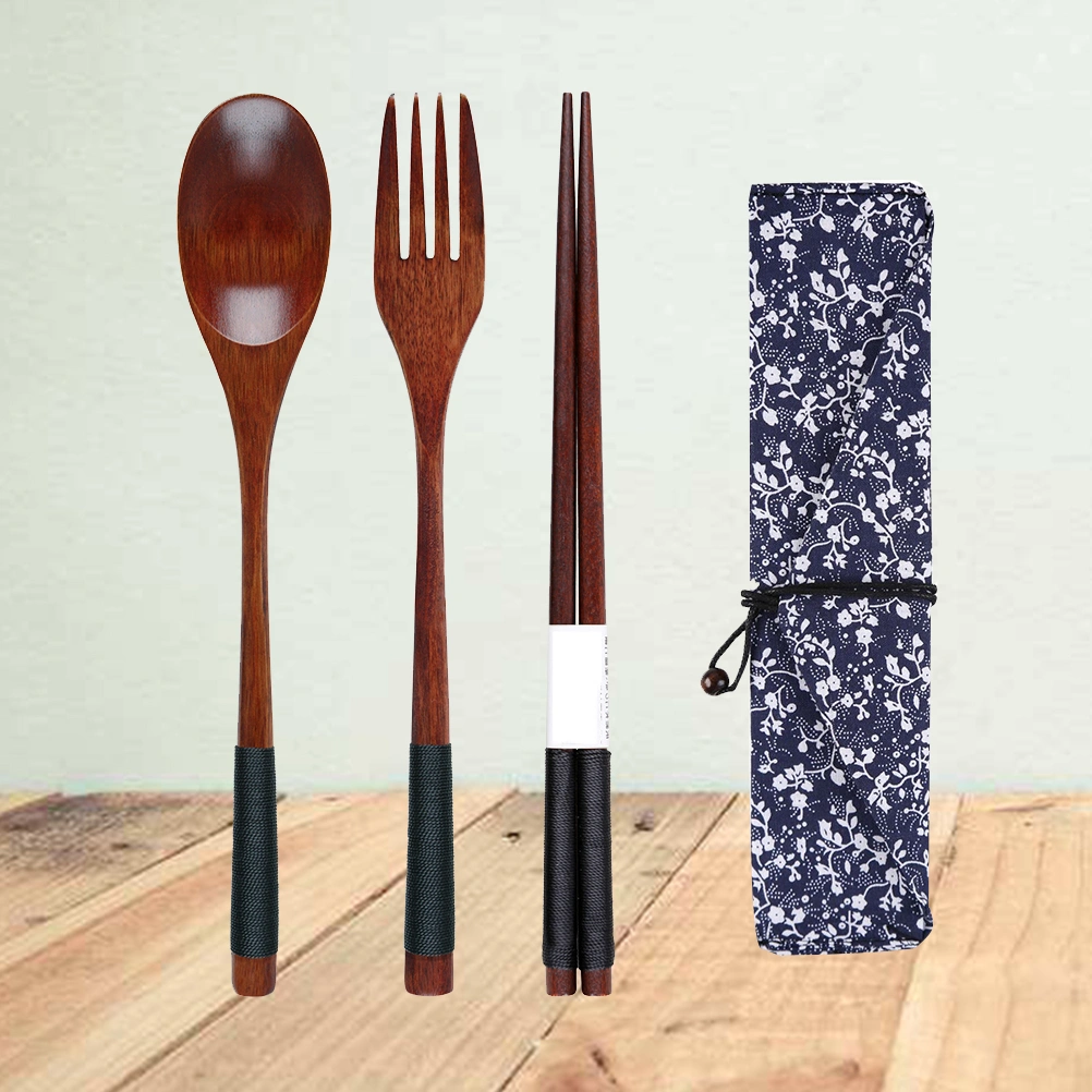 Wooden Fork Spoon Three-piece Suit Japanese Korea Style Travel Portable Tableware Nice Dinnerware(Black 3 Piece Set + Morning Glory Bag)