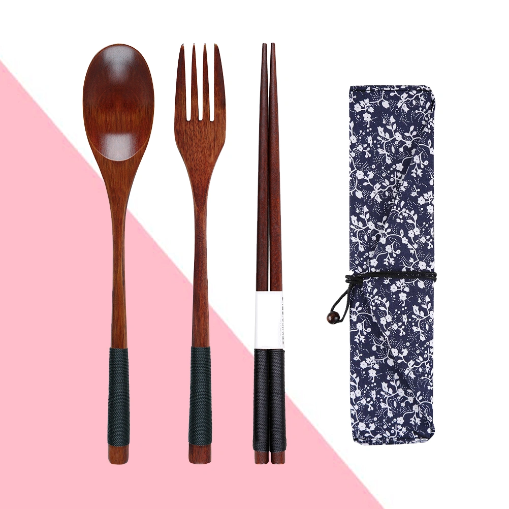 Wooden Fork Spoon Three-piece Suit Japanese Korea Style Travel Portable Tableware Nice Dinnerware(Black 3 Piece Set + Morning Glory Bag)