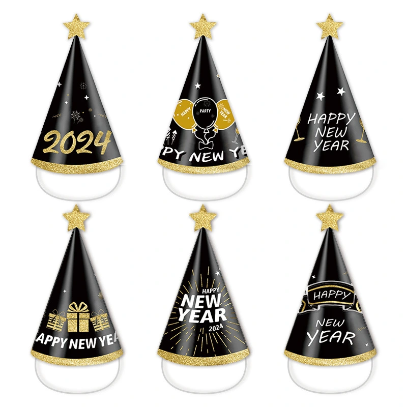 6Pcs Happy New Year Party Hats Cheers New Year Party Favors  Fancy New Year Paper Cone Hat