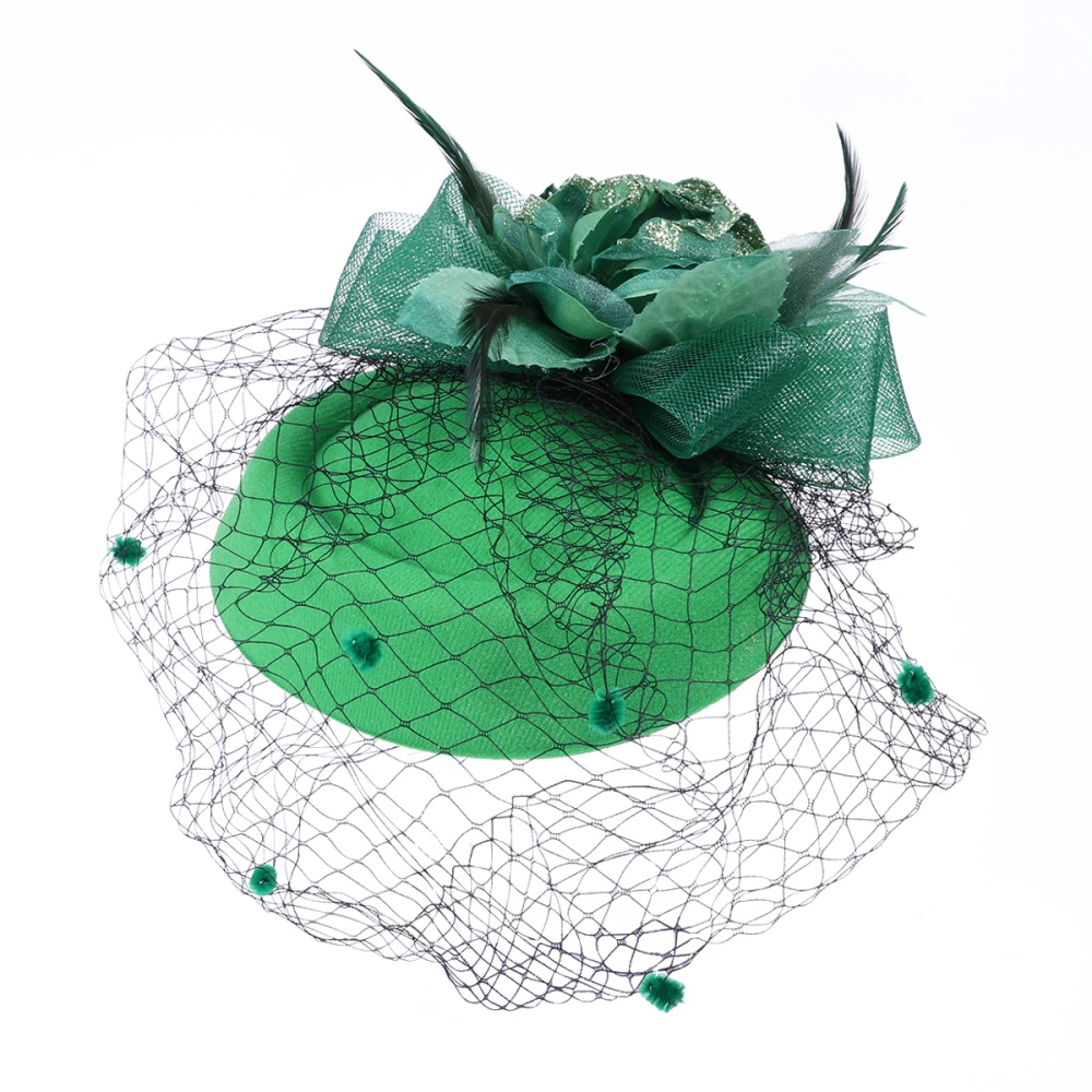 Beautiful Gauze Mesh Hat Flower Billycock Headwear Feather Feast Headdress for Lady (Green, Clamp Position Random)