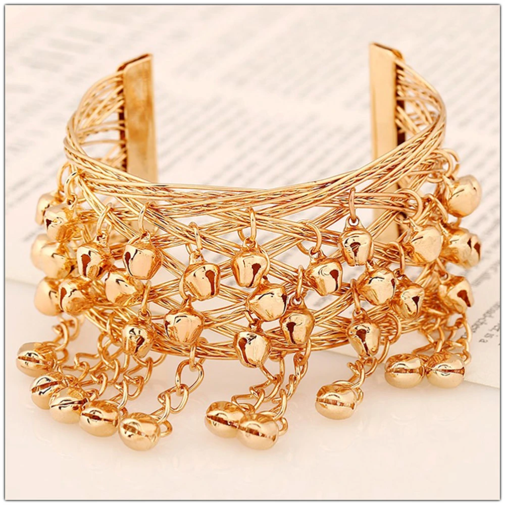 1Pc Bohemian Style Dance Bracelet Retro Handmade Bell Bangle Delicate Gorgeous Wide Brcelet Wrist Jewelry Gift for Women Ladies (Golden)