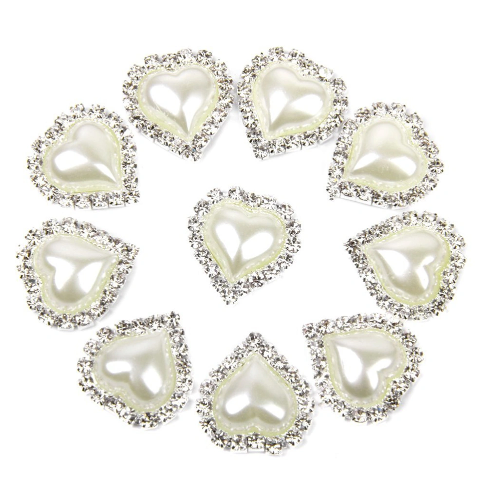 10pcs Heart Shaped Pearl Rhinestone Button Flatback Embellishment (White)