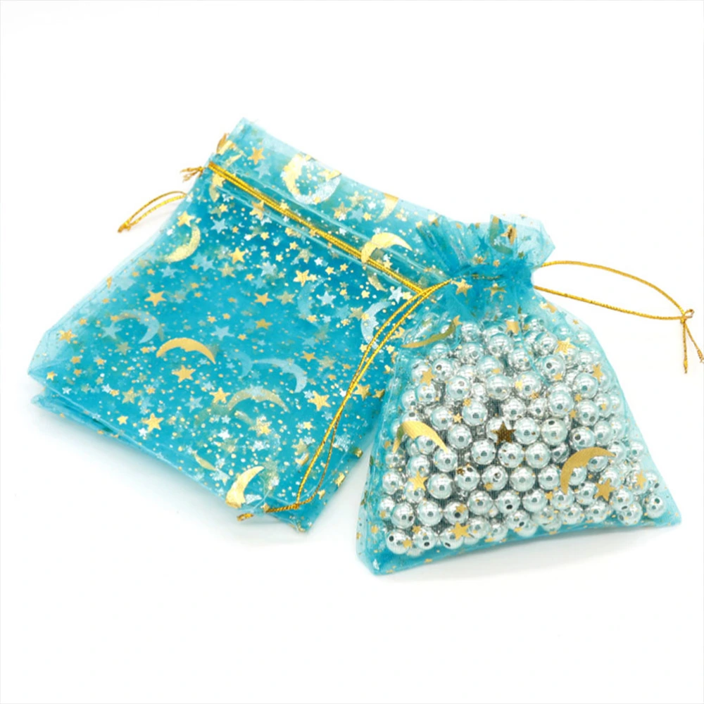 50PCS Star Moon Pattern Candy Drawstring Gauze Bags Gift Favor Storage Candy Pouches for Packaging Wedding (Blue)