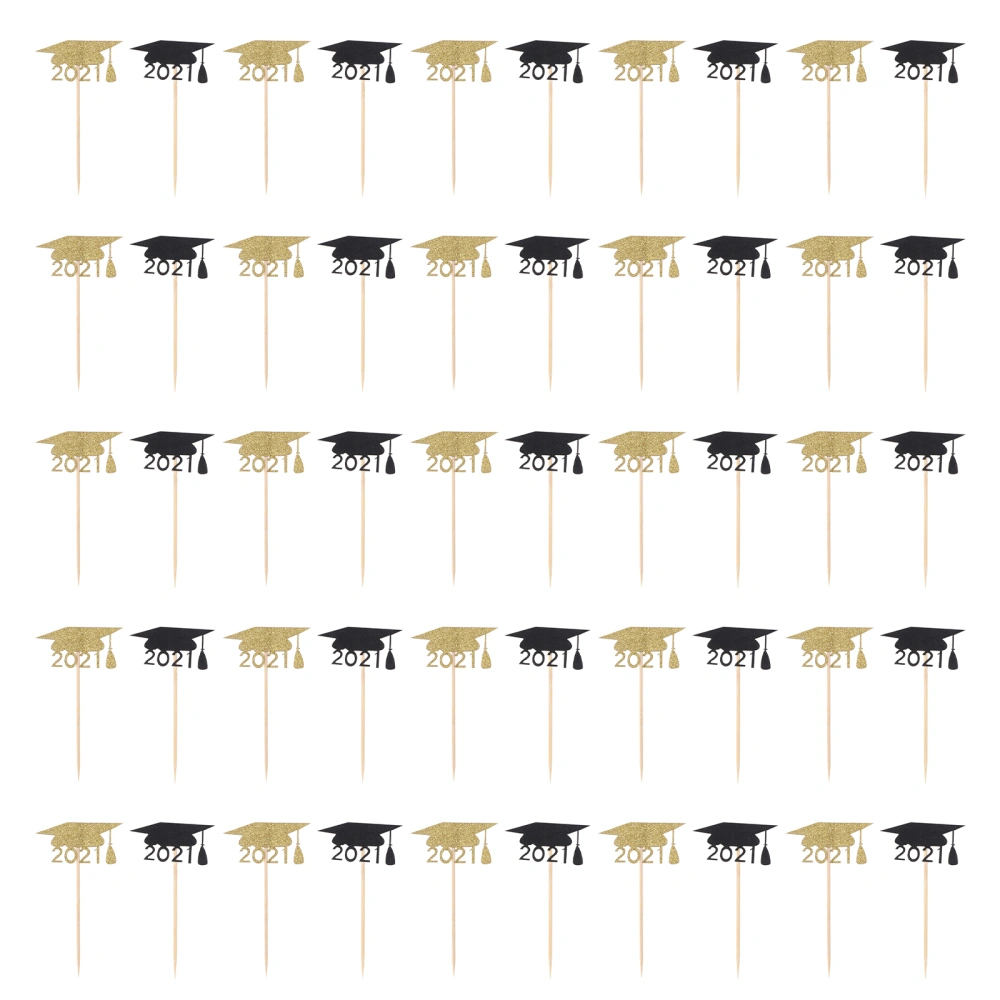 50pcs 2021 Graduation Theme Cake Toppers Meaningful Cupcake Ornament Picks Cake Decor Dessert Adornment for Students School (Golden + Black)