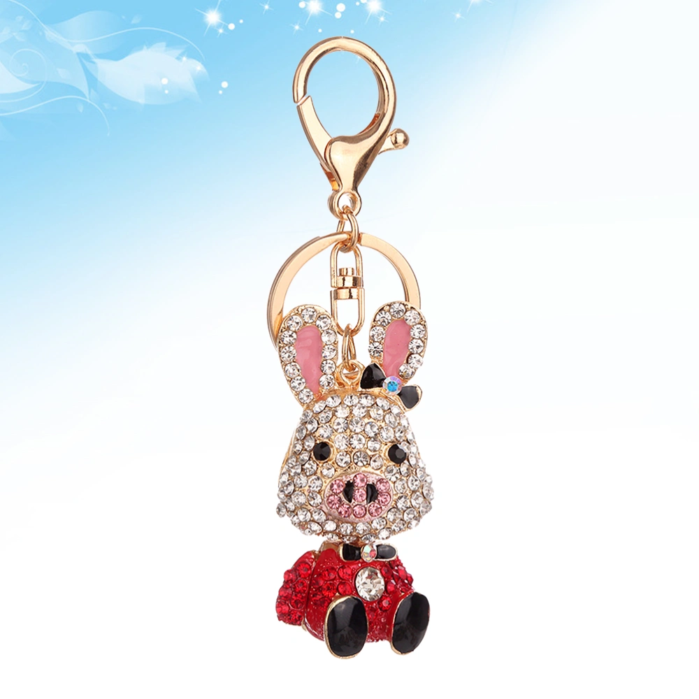 Creative Diamond-encrusted Alloy Key Ring Pig Nose Rabbit Charm Keychain Bag Pendant Jewelry Accessories Car Decoration(Red)