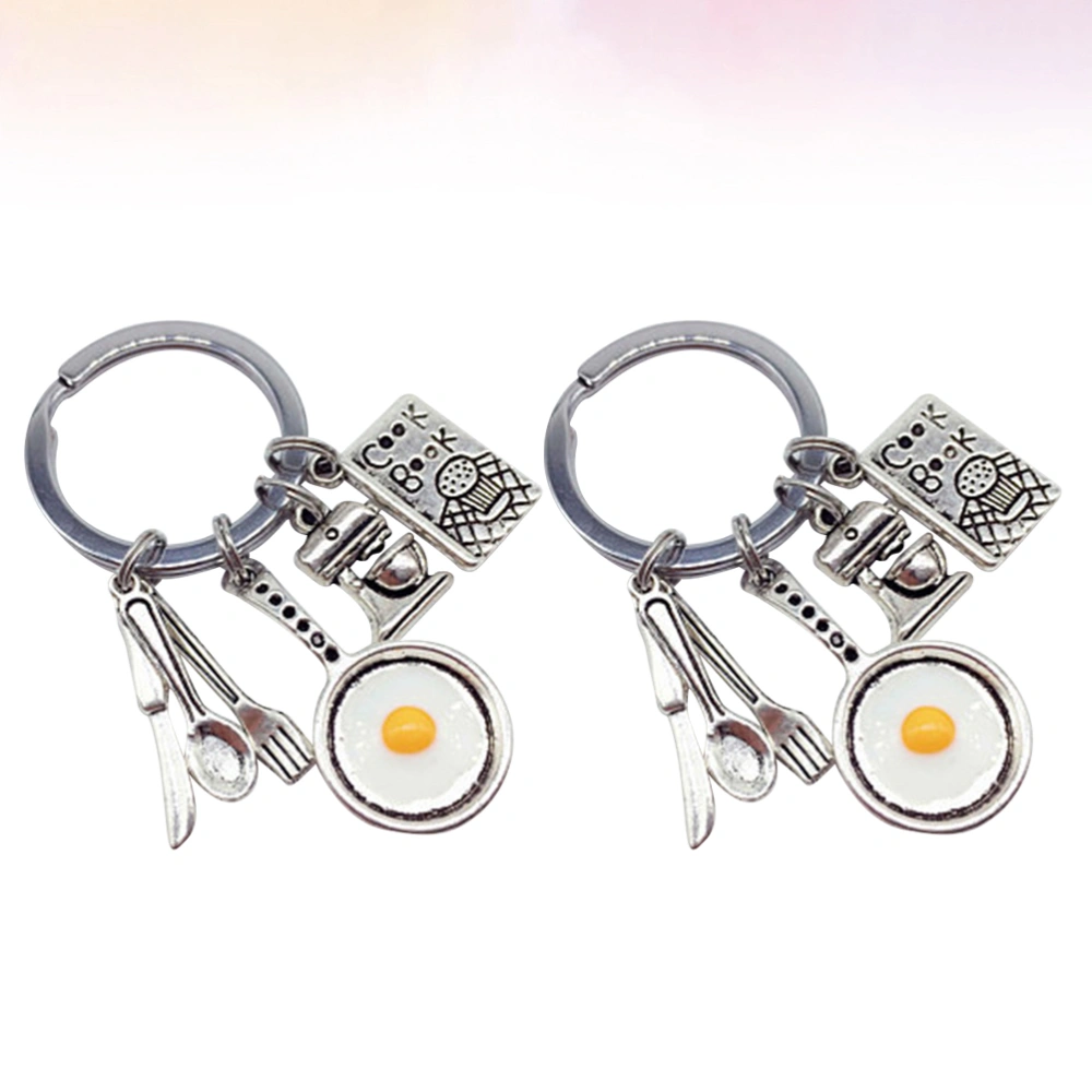 2pcs Fried Egg Keychain Cutting Tool Fork Spoon Tableware Key Rings Cook Book Hanging Keychain Ornament (1#)