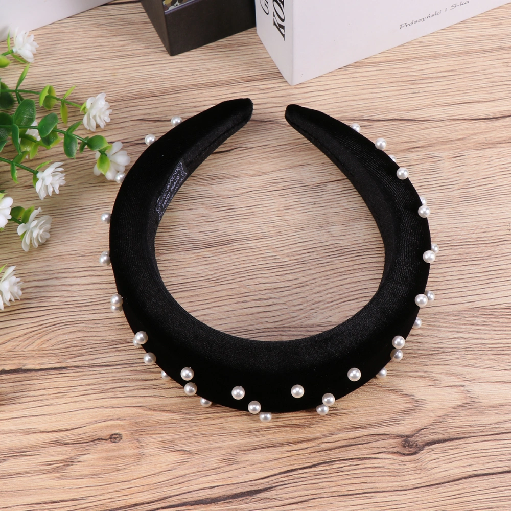 Lint Hair Thickening Pearl Decor Large Rims Hair Hoops for Woman Lady Adult Black