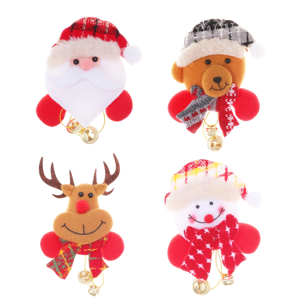 4pcs Christmas Glowing Brooch DIY Small Bell Breastpin Cartoon Brooch Pin Gift Bag Decorations (Santa+Snowman+Elk+Bear)