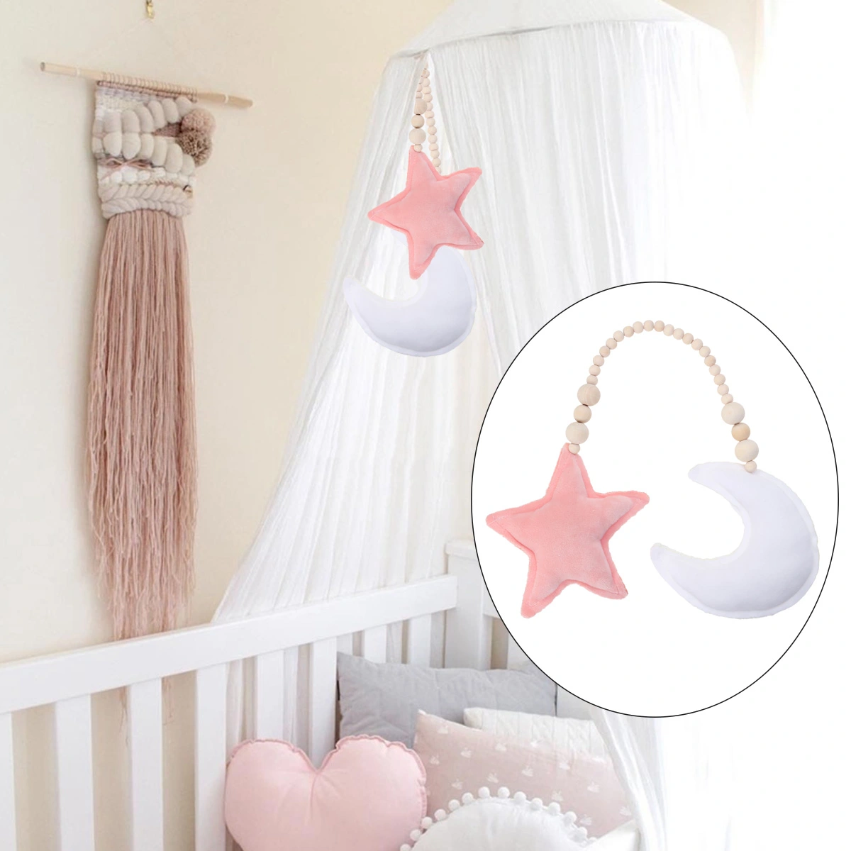Moon and Star Wooden Beads String Hanging DIY Ornament for Baby Kids Bed Play Tent Room Baby Crib Decor (White Moon and Pink Star)