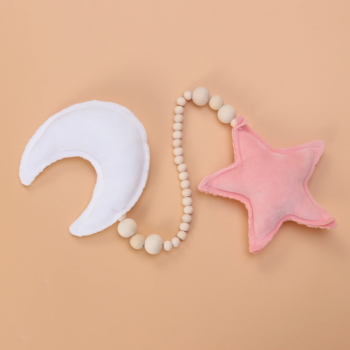 Moon and Star Wooden Beads String Hanging DIY Ornament for Baby Kids Bed Play Tent Room Baby Crib Decor (White Moon and Pink Star)