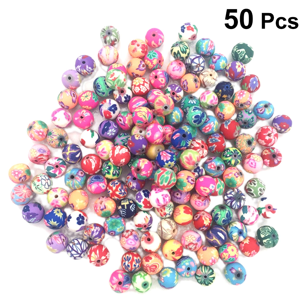 50pcs 8MM Clay Beads Decorative Spacer Beads Colorfully Patterned Beads for Jewelry Making(Random Color)