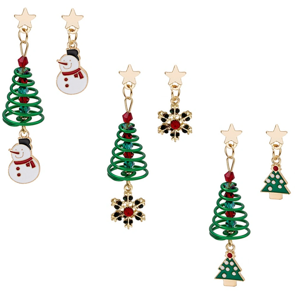 3 Pairs Creative Asymmetric Christmas Earrings Lovely Christmas Dangle Earrings