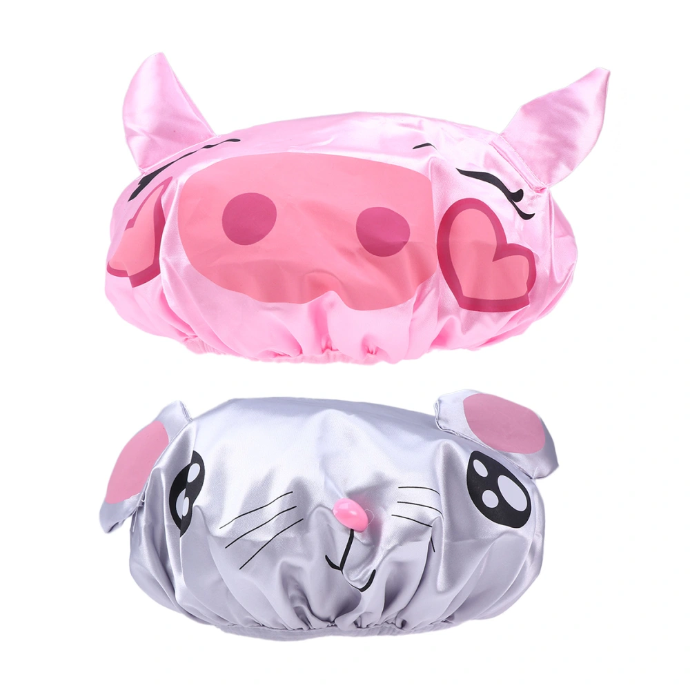 2Pc Baby PVC Waterproof Cartoon Little Mouse and Pink Pig Shower Satin Bathing Hat Shower for Children Kids