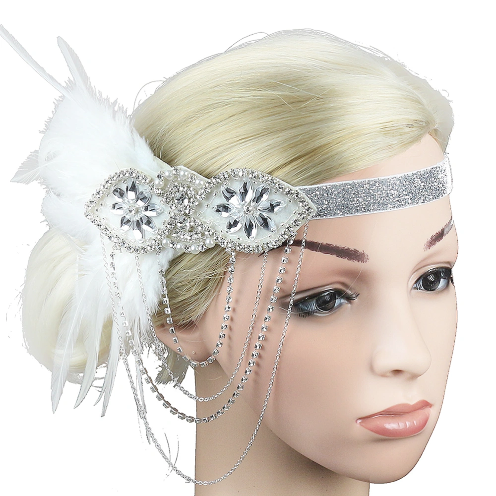 Tassel Chain Women Headbands Fashion Feather Performance Hairband Photo Props Bridal Hair Accessories (White)