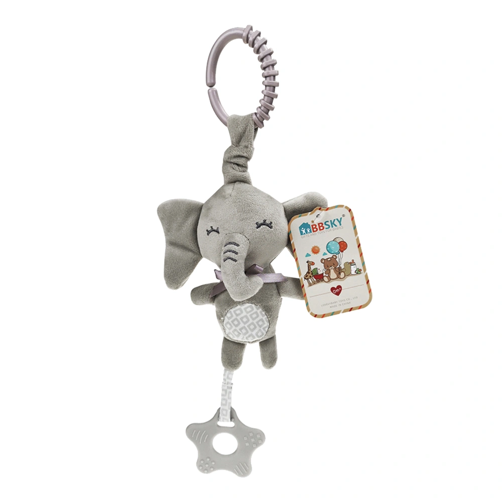 Plush Cartoon Animal Baby Music Teether Toy Hanging Built-in Wind Chimes Rattle Toy for Infant Toddler with Sound Paper (Grey-Elephant, Built-in A Button Cell)