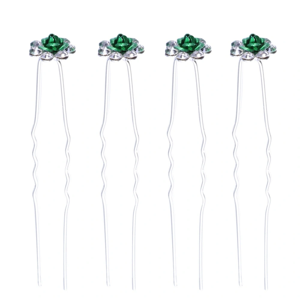 20Pcs Rhinestone Hairpins Rose Bride Bridesmaid Hair Accessories U-shaped Updo Hair Chopsticks for Wedding (Green)