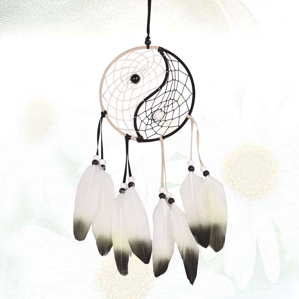 Creative Dream Catcher Handmade Vintage Hand Drawn Feather Tai Chi Beaded Hanging Pendant Decoration Net Car Suspension Home Ornaments Gift for Friends and Colleagues Christmas Creative Gift (Black+White)