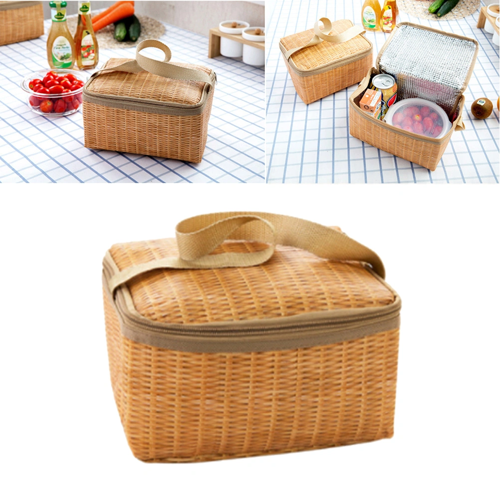 Rattan Lunch Bag Picnic Bag Waterproof Multi Functional Tote Bag for Outdoor Camping