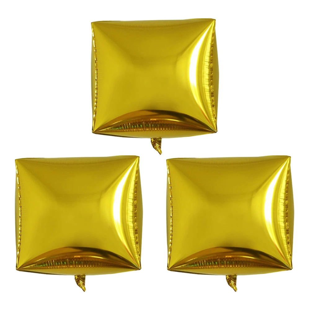 3pcs 4D Square Balloon Aluminum Film Balloon Cube Wedding Party Supplies for Birthday Festival (Gold)