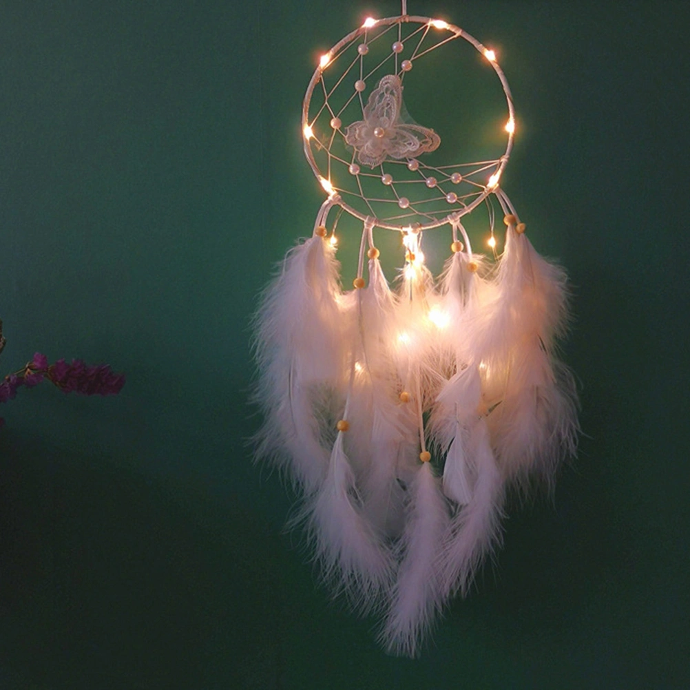 Beautiful Home Dream Catcher Bedroom Feather Pendant Decor (White with Warm Lamp)