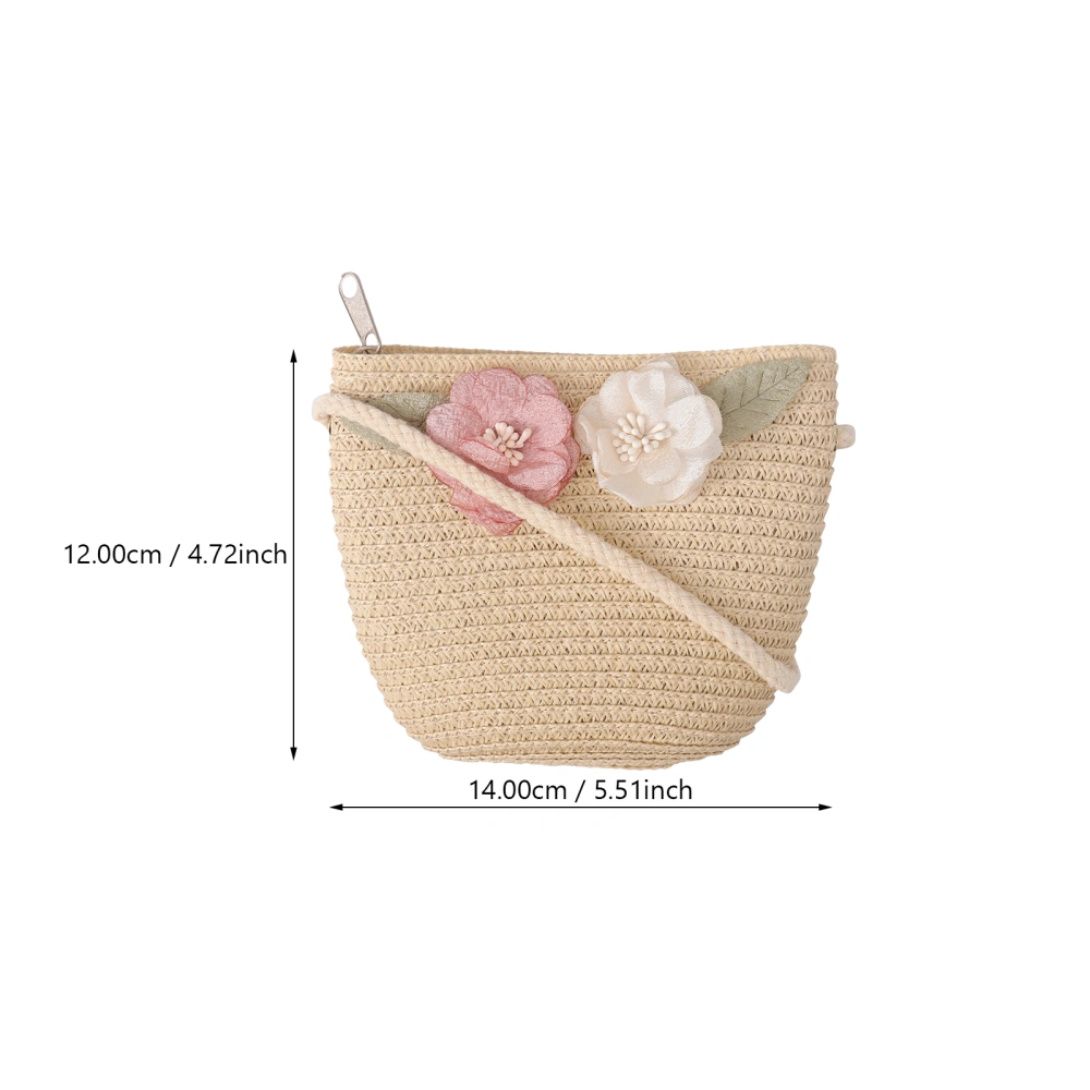 Kids Fashion Straw Crossbody Bag Lace Flower Handmade Woven Beach Bag Shoulder Bag for Girls (Beige, Random Flower Color)