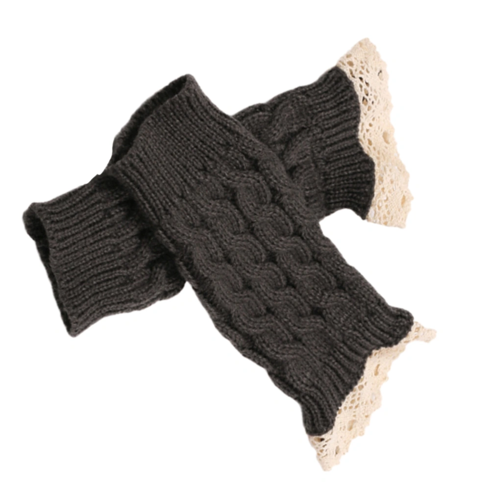 Women's Winter Warm Knitted Crochet Gloves Long Fingerless Lace Arm Warmers Gloves Mittens with Thumb Hole (Dark Grey)