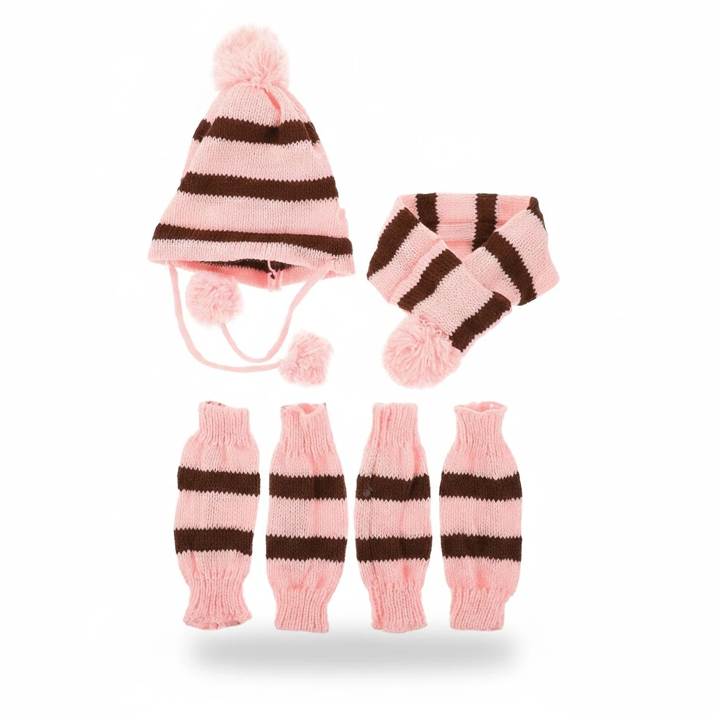 1 Set of Knitted Winter Dog Scarf Hat Set Dog Warm Costume Pet Festival Strpe Clothes Winter Accessories Size XS Pink and Brown