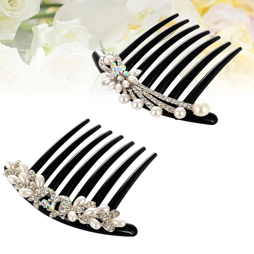 2pcs Elegant Pearl Hair Comb Artificial Rhinestone Headdress Crystal Wedding Bridal Hair Accessories Woman Hair Decoration(Peacock, Flower Pattern)