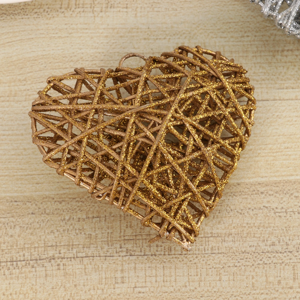 2pcs Rattan Weave Love Pendants DIY Christmas Hanging Decorations Handmade Craft Ornaments Valentine's Day Adornments (Gold + Silver)