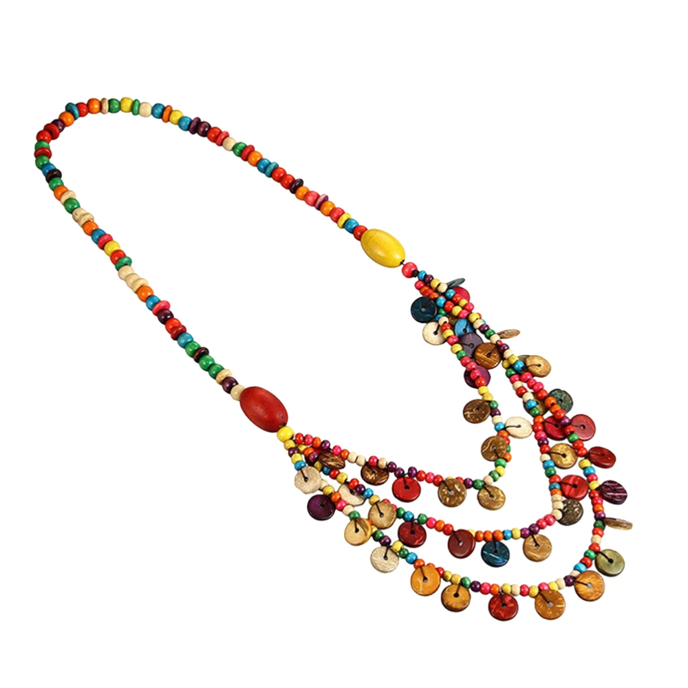 Bohemia Style Necklace Fashion Coconut Shell Necklace Multilayer Colorful Beads Pendant (Wood Beads Random Color)