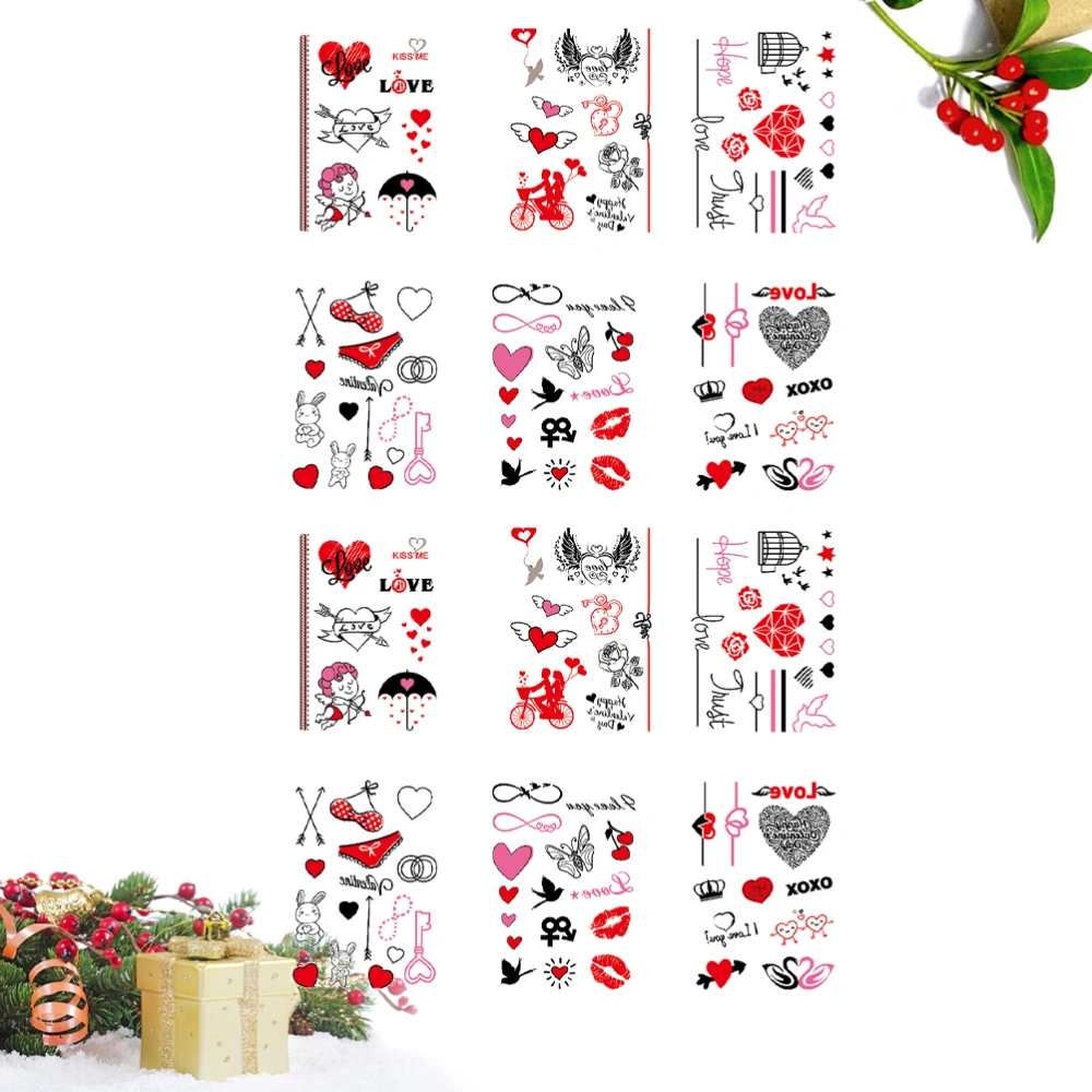 12 Sheet Valentines Day Elements Sticker Cartoon Temporary Love Heart Shaped Stickers Decals (6 Styles Each Two)