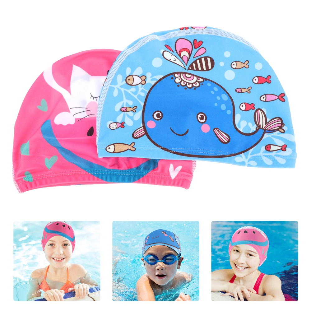 2Pcs Fashion Ear Protection Swimming Caps Cartoon Waterproof Kids Swim Caps