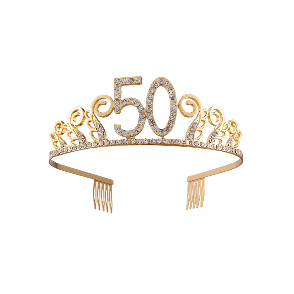 Birthday Crystal Rhinestone Tiara Queen Crowns Dance party Headband Hair Combs Pin for Women's 50th Birthday Party Favor (Gold)