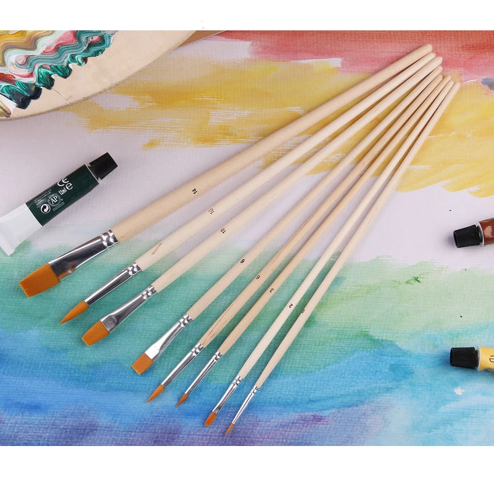 8PCS Nylon Hair Paint Brush Set Artist Watercolor Wooden Oil Painting Supplies Round Pointed Tip and Flat Nylon Hair