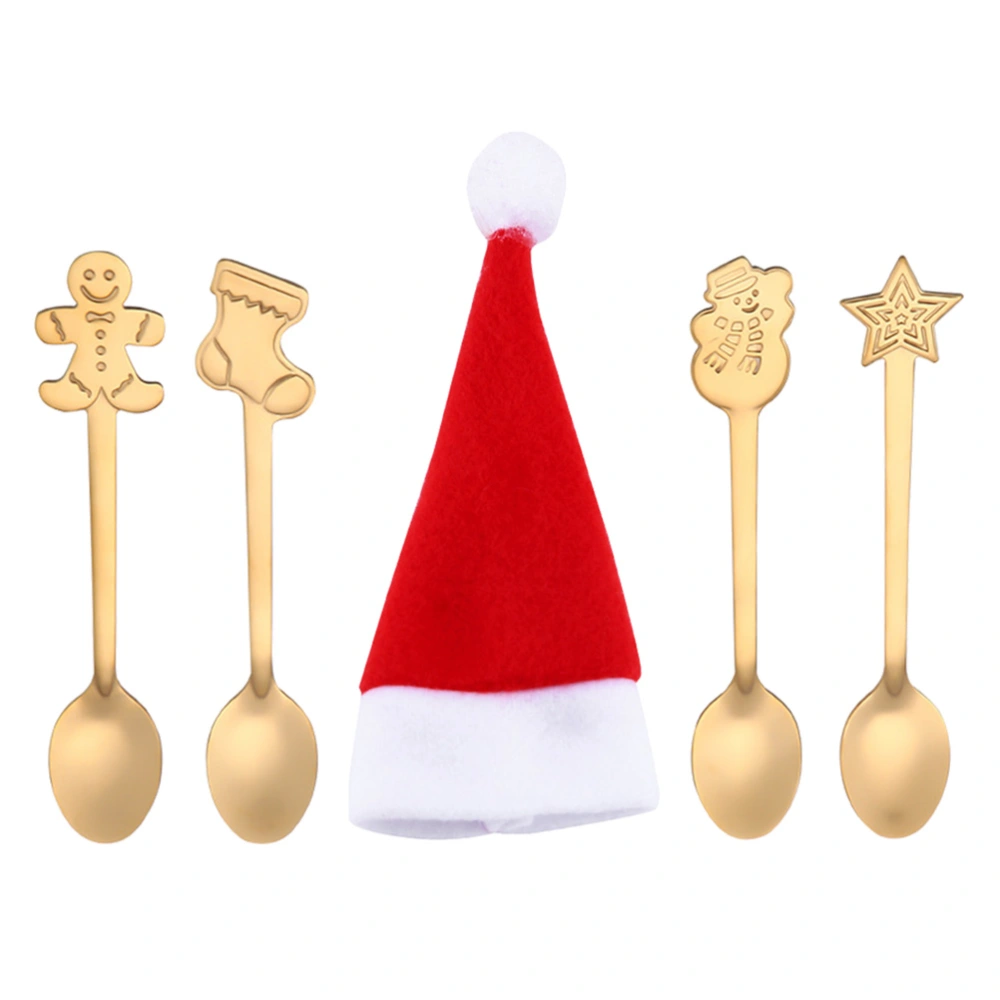 5pcs Creative Christmas Spoons Set Cartoon Stainless Steel Spoons with Bag Tableware for Home Restaurant (4 Golden Spoons and 1 Hat Shape Bag)